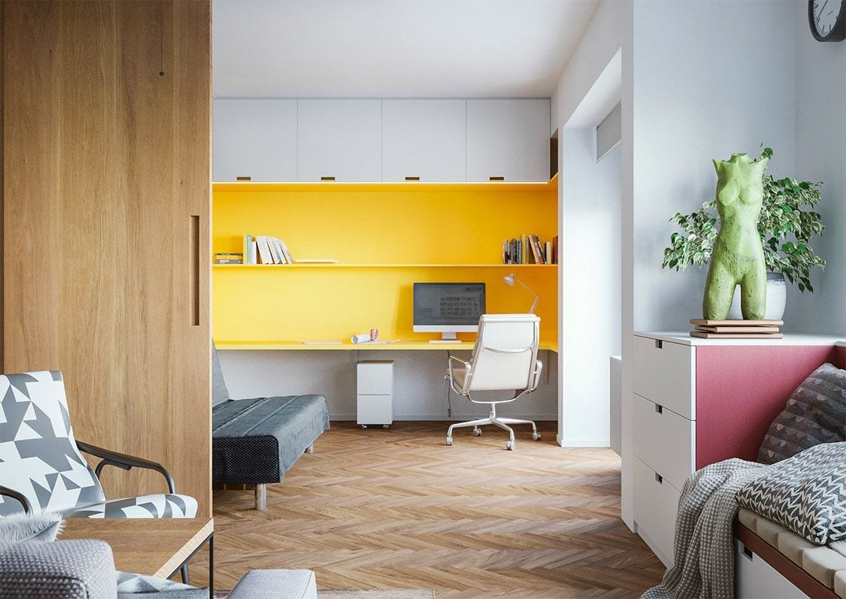 Le jaune dans un bureau à la maison